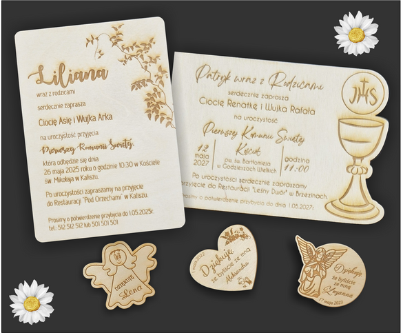 Drewniane zaproszenie na Pierwszą komunię lub chrzest