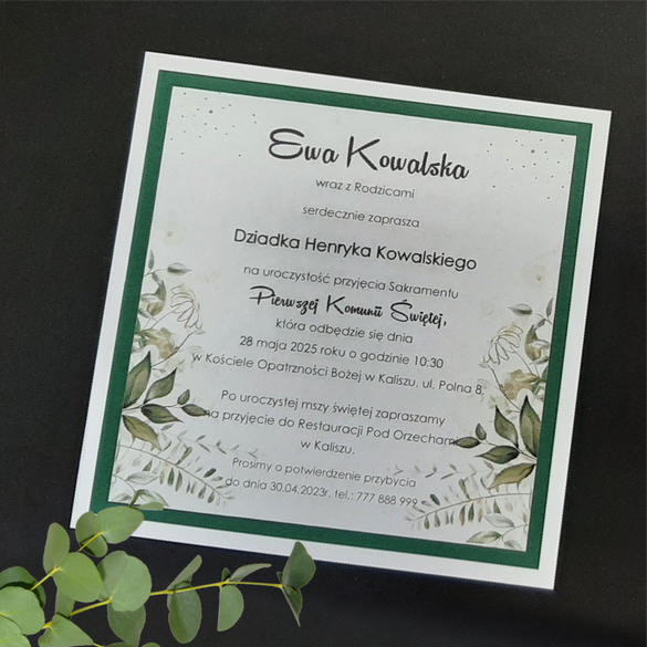 Proste Zaproszenia na Komunię z Roślinnym motywem K 69