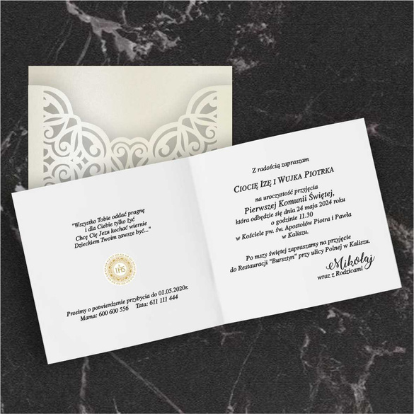Delikatne Zaproszenia na Komunię z Kopertą Laserową