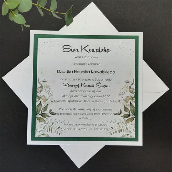 Proste Zaproszenia na Komunię z Roślinnym motywem K 69