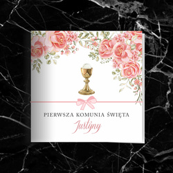 Różowe zaproszenie na komunię z motywem kwiatowym i wstążką