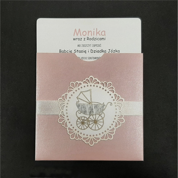 Zaproszenia na Chrzest w perłową kopertą, wózek 3D K 12