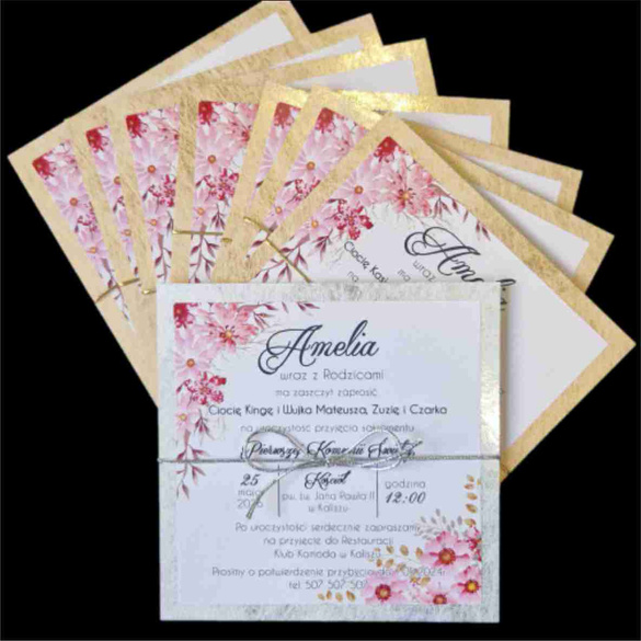 Zaproszenia na Komunię z motywem złota i kwiatów K 68