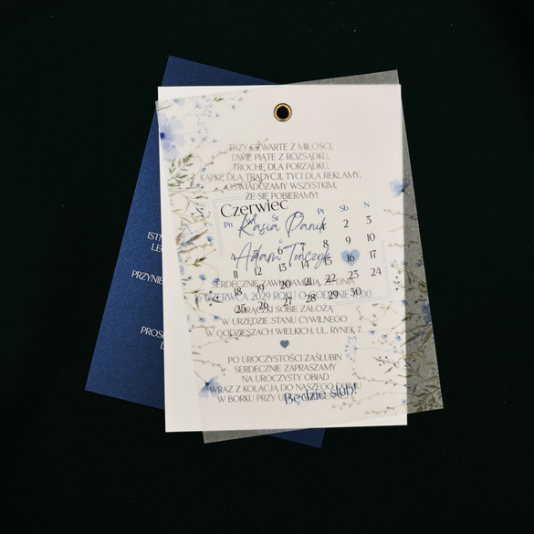 Zaproszenia Ślubne Transparent Kalka + Nit Kalendarz Data Ślubu