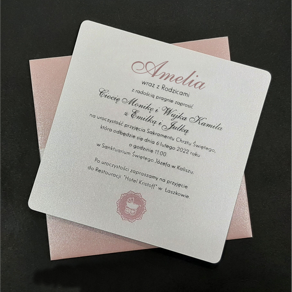 Zaproszenia na Chrzest w perłową kopertą, wózek 3D K 12