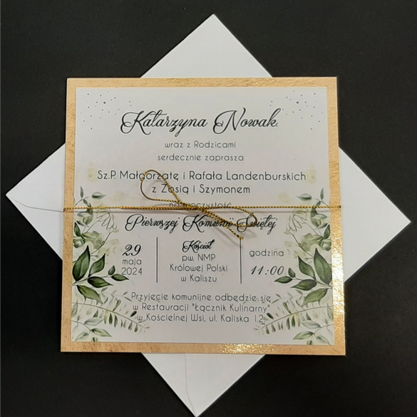 Zaproszenia na Komunię z motywem złota i kwiatów K 68