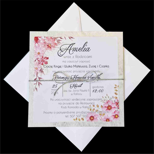 Zaproszenia na Komunię z motywem złota i kwiatów K 68