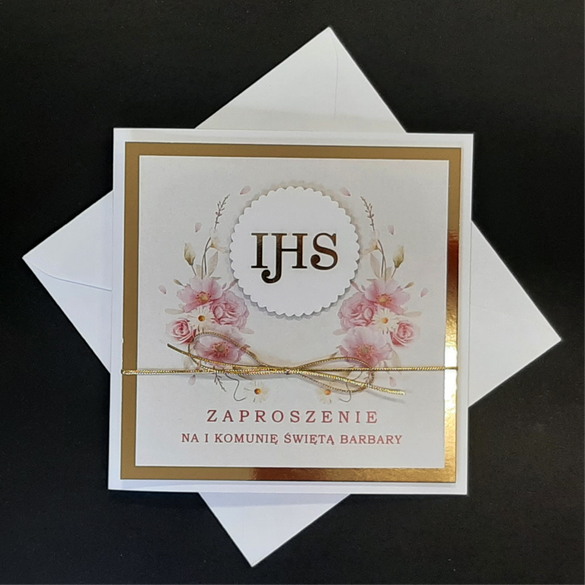 Eleganckie Zaproszenia na Komunię Złoto&Kwiaty K 29