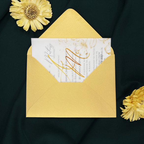 Ekskluzywne złote zaproszenie ślubne trzywarstwowe z dekoracyjnym nitem