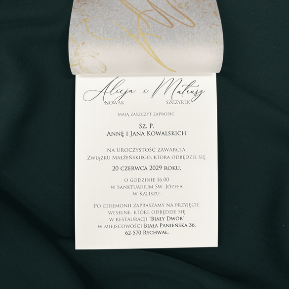 Ekskluzywne złote zaproszenie ślubne trzywarstwowe z dekoracyjnym nitem