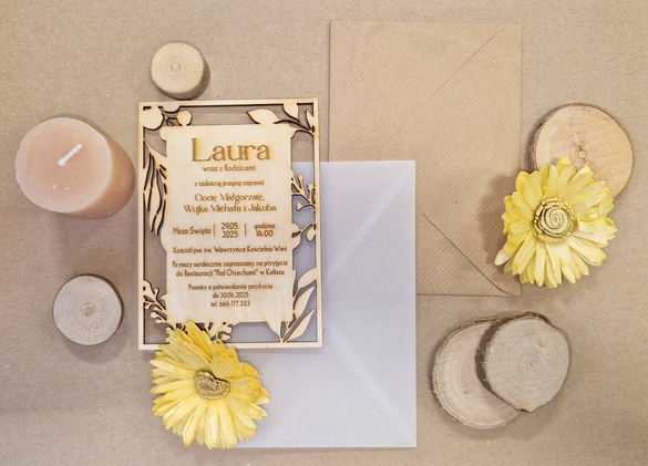 Drewniane Zaproszenia na Komunię