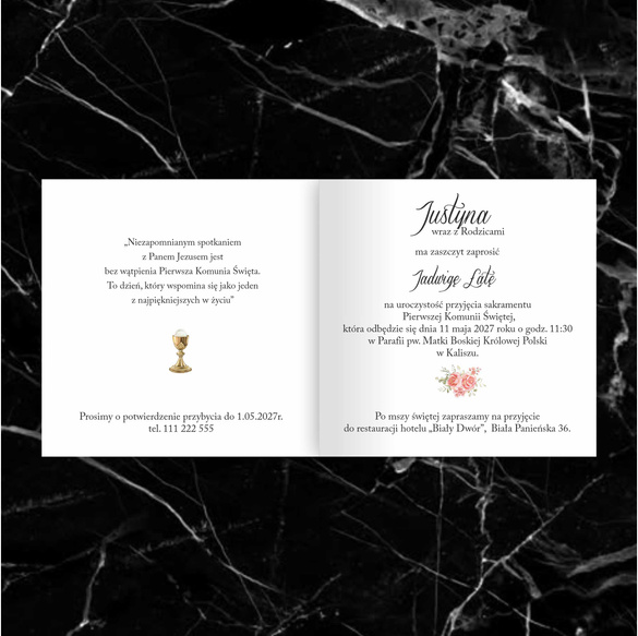 Różowe zaproszenie na komunię z motywem kwiatowym i wstążką