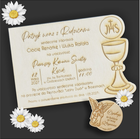 Drewniane zaproszenie na Pierwszą komunię lub chrzest