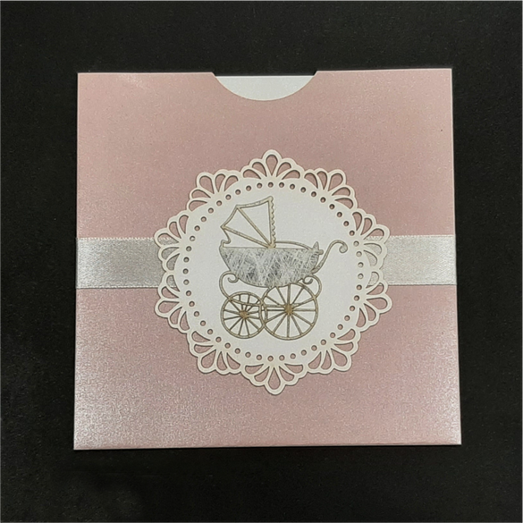 Zaproszenia na Chrzest w perłową kopertą, wózek 3D K 12