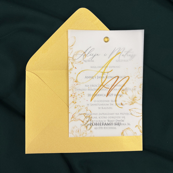 Ekskluzywne złote zaproszenie ślubne trzywarstwowe z dekoracyjnym nitem