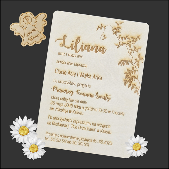 Drewniane zaproszenie na Pierwszą komunię lub chrzest