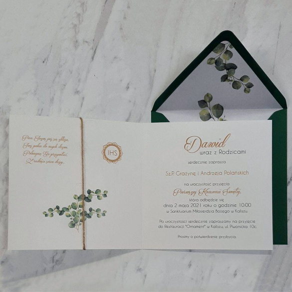 Kwadratowe Zaproszenia na Komunię z wiankiem i eko sznurkiem C 60